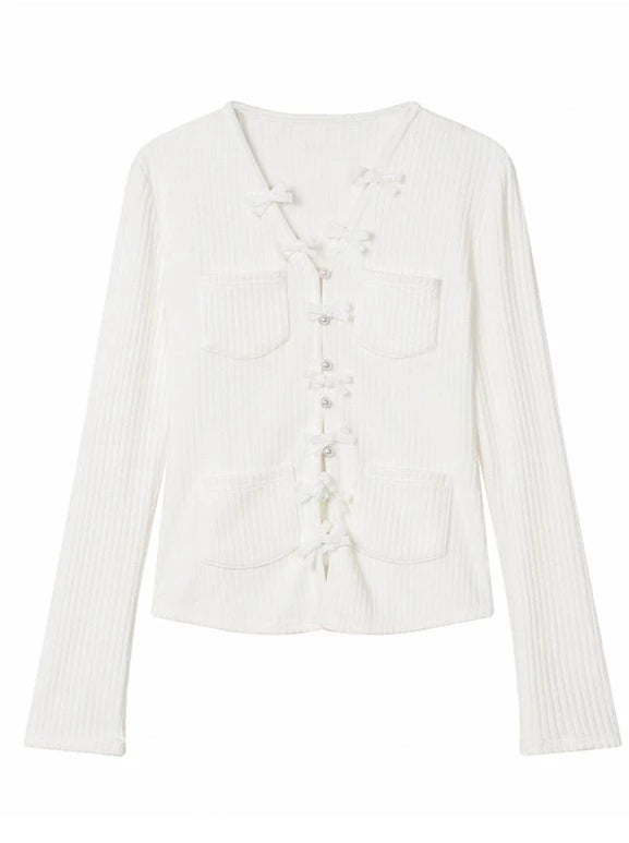 Pure White Ribbon Slim Knit Top