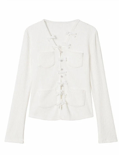 Pure White Ribbon Slim Knit Top