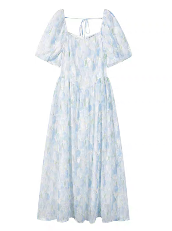 レトロブルーエレガントスクエアネックロングワンピース