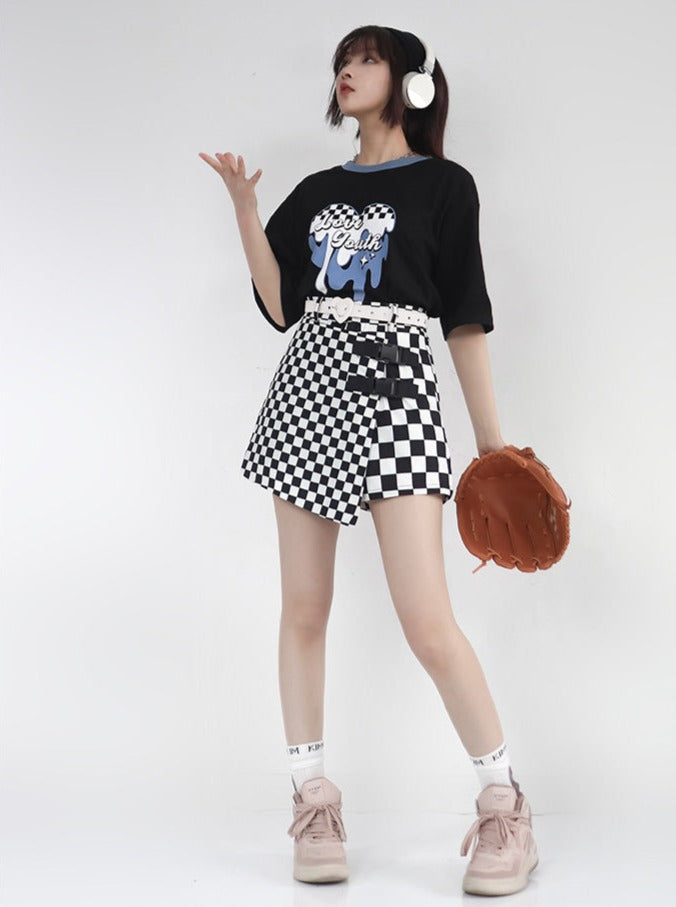 Heart print T-shirt + check miniskirt setup