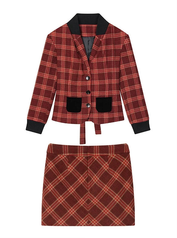 American Retro Red Check Blazer Skirt Two Piece Suit