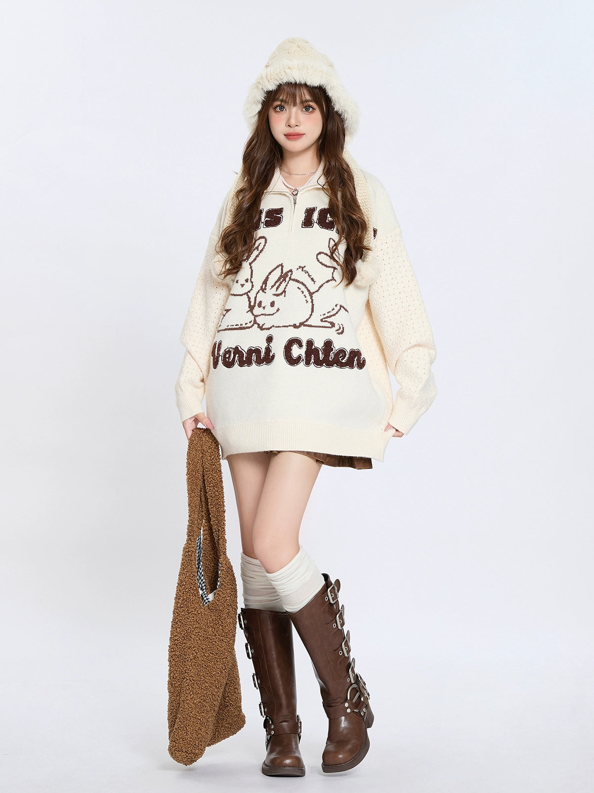 American Retro Rabbit Jacquard Lapel Sweater Knit