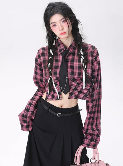 Check cropped short shirt with tie 