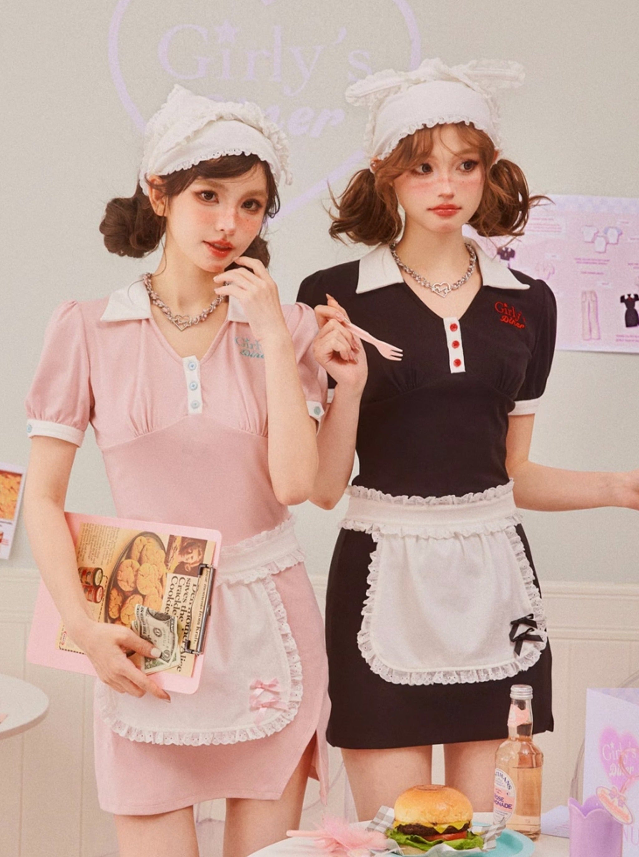 80'sガーリーズダイナープリーツVネックポロシャツワンピース