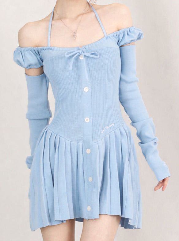 Off shoulder ribbon pleated dress + long sleeve arm cover