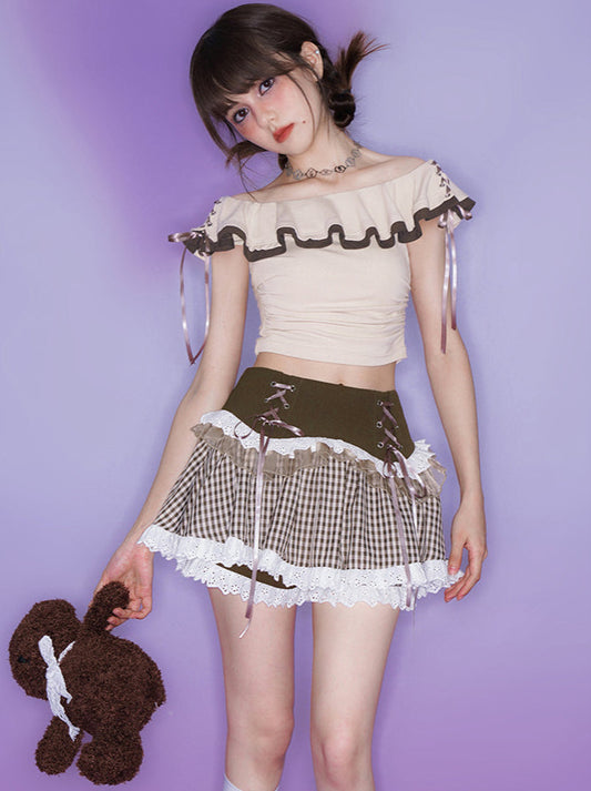 Brown Grid Culottes Cake Skirt