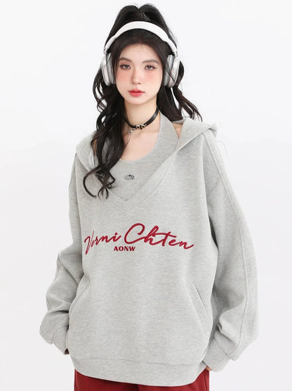 American Retro Sweatshirt Hooded Loose Oversized Two Piece Set