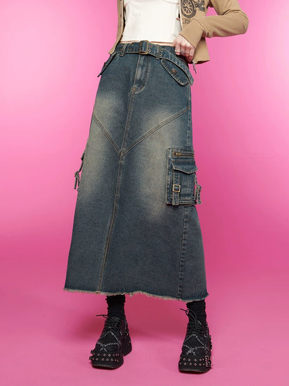 Front slit long denim skirt