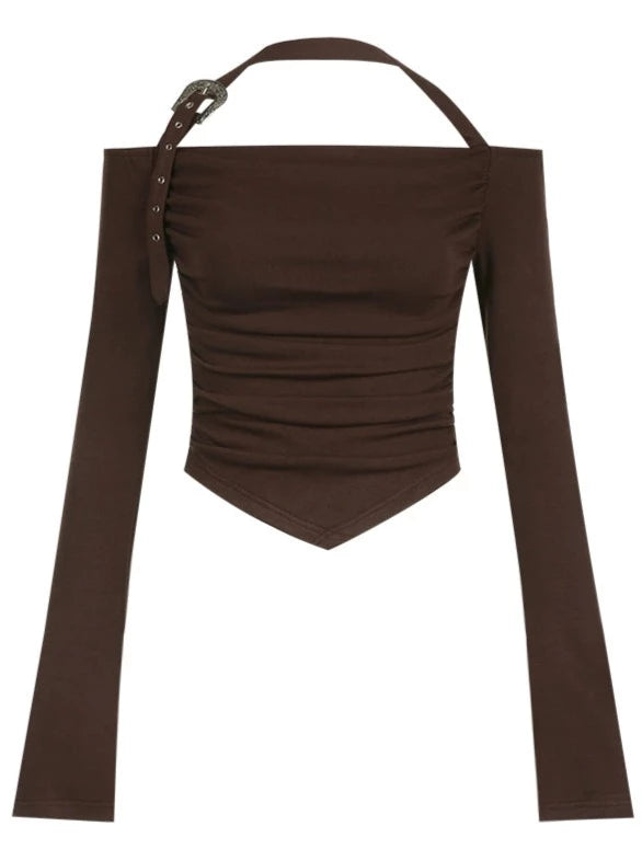 スリムショートオフショルネックデザイントップス