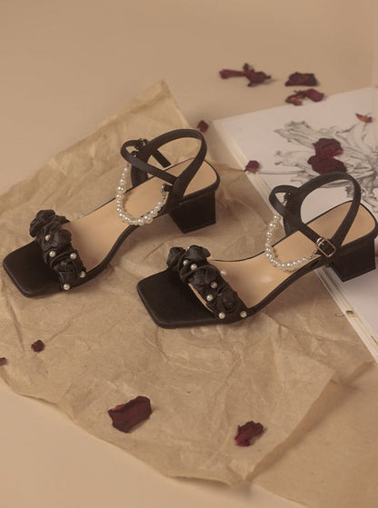 Black Rose Flower Pearl Sandals