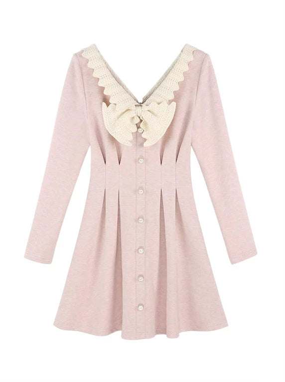 White Ribbon V-Neck Pink High-End Slim Waist Dress