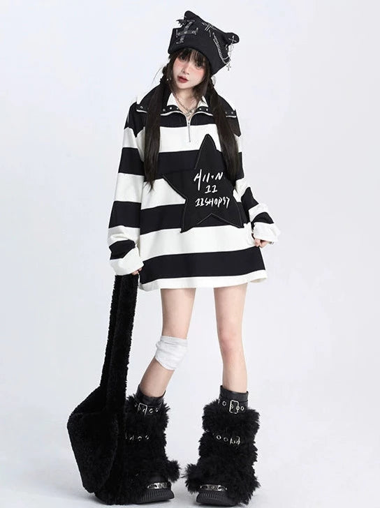 Striped Star Patch Oversized Sweatshirt Pullover