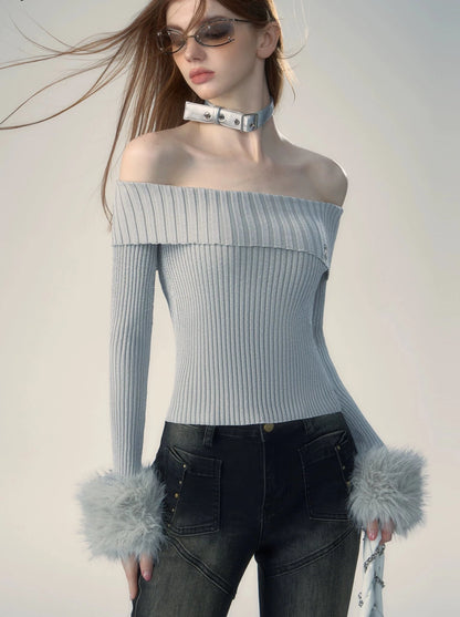 Tightly ribbed off-the-shoulder fur top