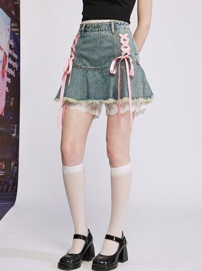 Lace -up design frilly denim skirt