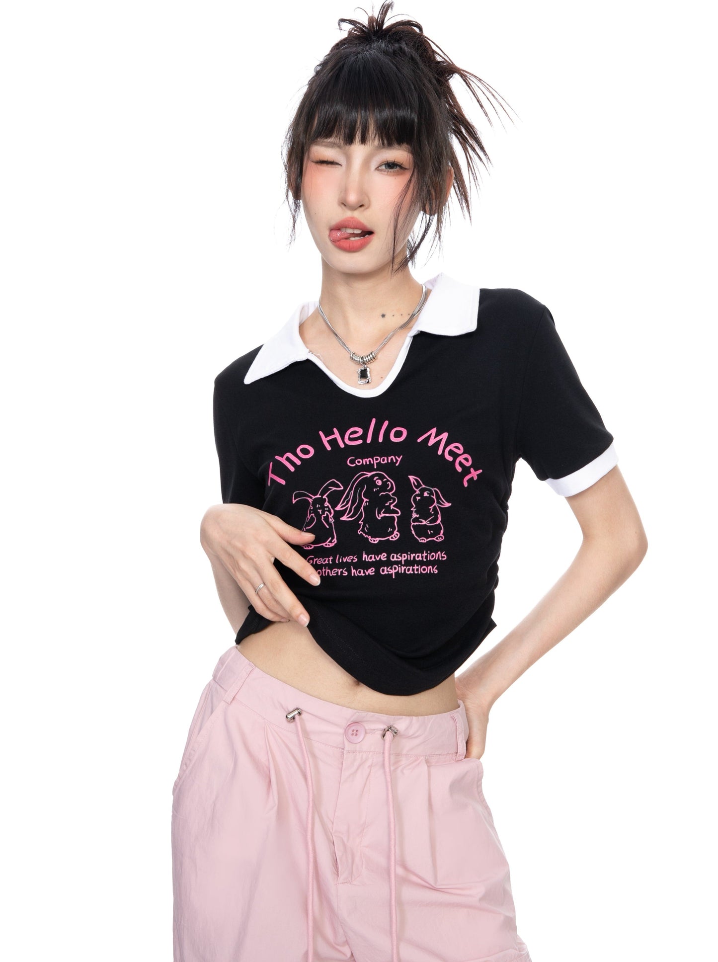 VネックポロフロントショルダーTシャツ