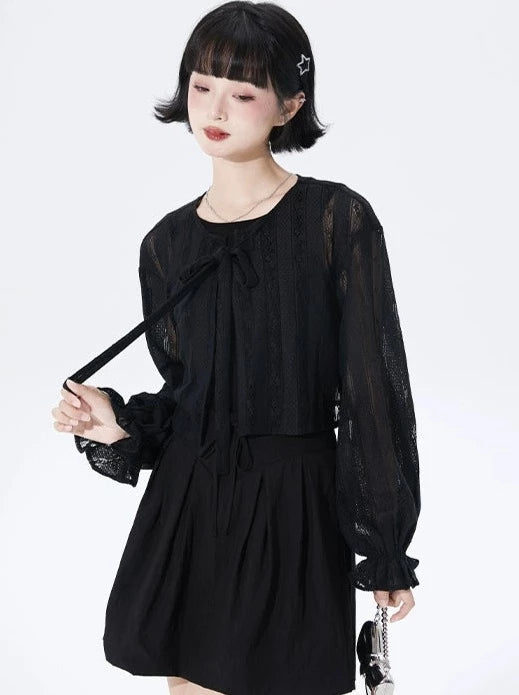 Short Lantern Sleeve Lace Cardigan