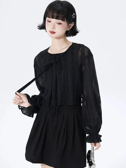 Short Lantern Sleeve Lace Cardigan