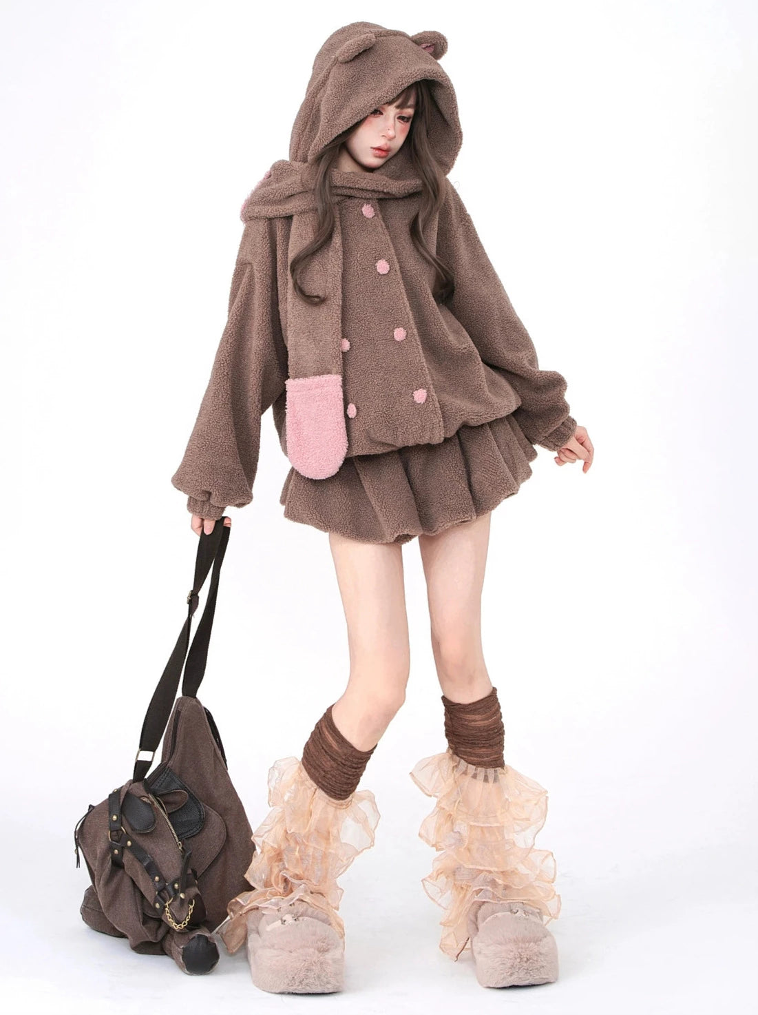 Bear Hood & Scarf Boa Jacket + Skirt