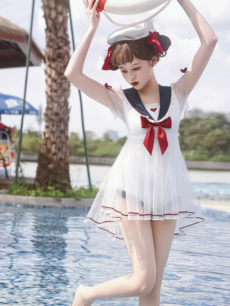 Sailor Sailor 兔耳朵透明袖裙连体泳衣