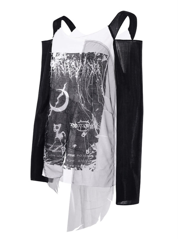 Punk rock print off-shoulder asymmetric lace subculture T-shirt