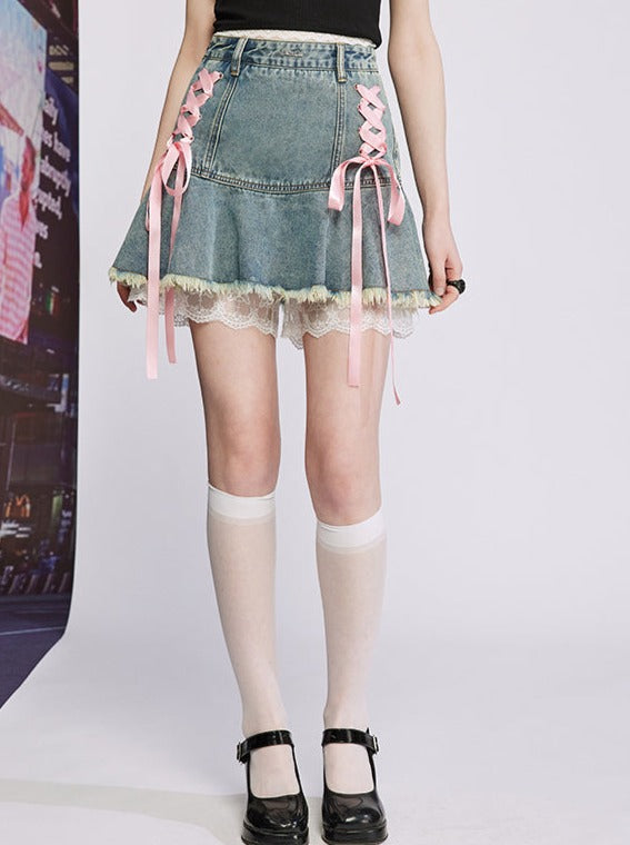 Lace -up design frilly denim skirt