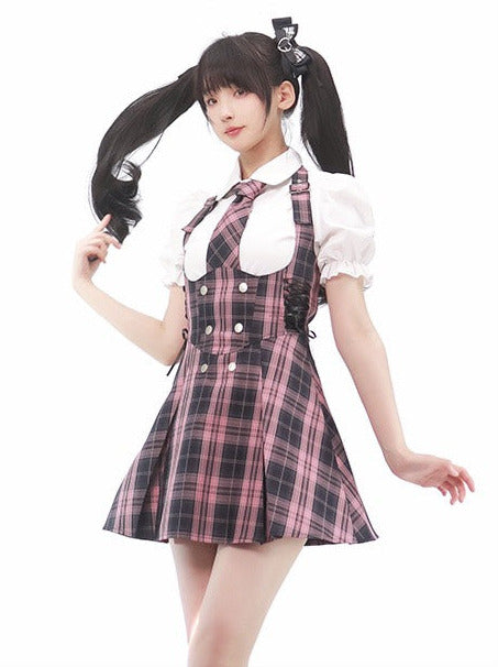 Black Pink Uniform Coordinating Shirt &amp; Check Tie Lace-up Pleated Sass Skirt Setup [Box Pleats/Plain Pleats]