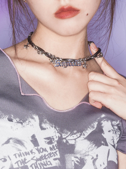Y2K leather and chain star choker necklace