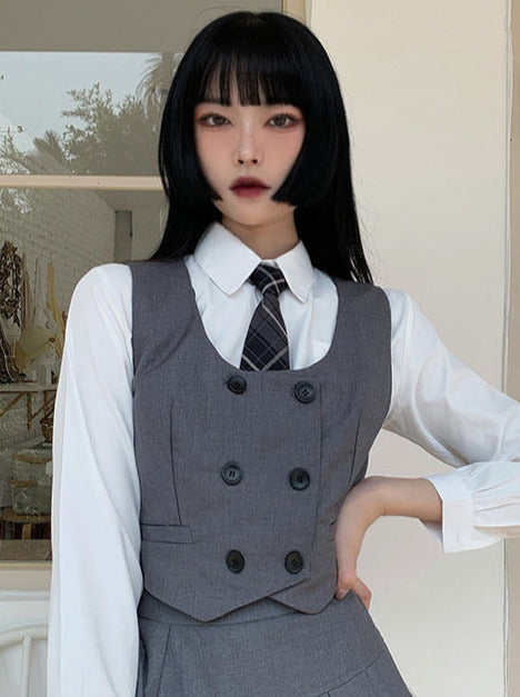 Check tie plain shirt + double breasted vest + asymmetric pleated skirt