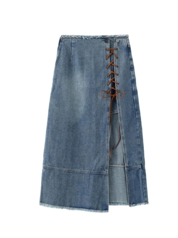 Lace-up Straps Slit Retro High Waist Denim Skirt