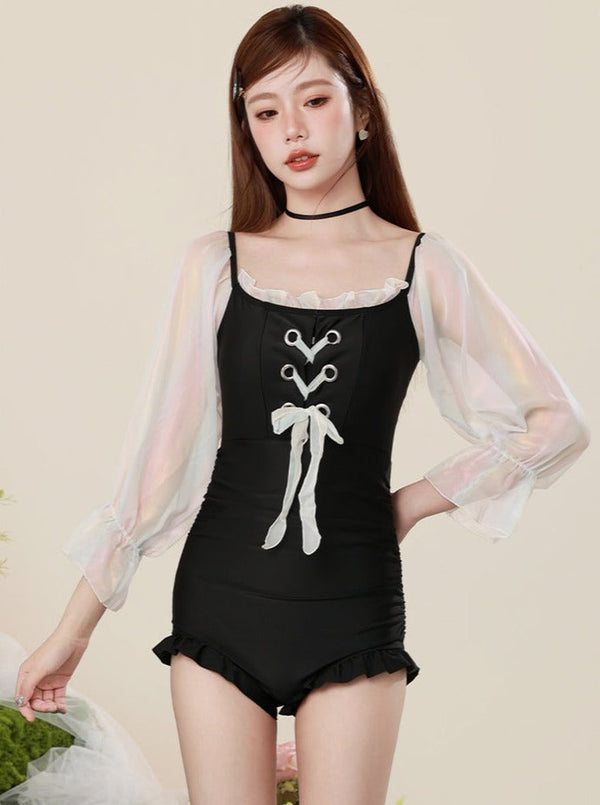 Race Up Sheer Sleeve All -in Swimsuit