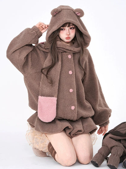 Bear Hood & Scarf Boa Jacket + Skirt