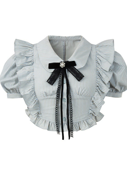 Striped frill lace ribbon shirt