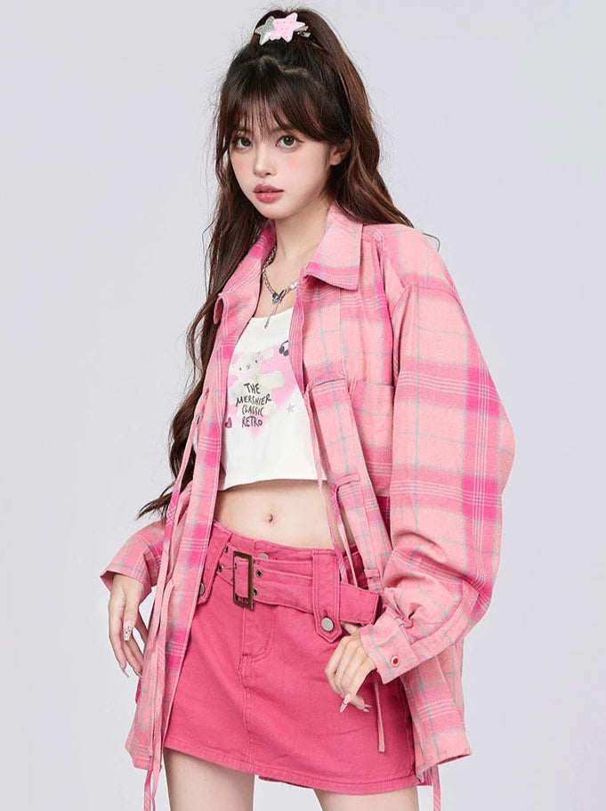 Pink Check Lace-up Shirt