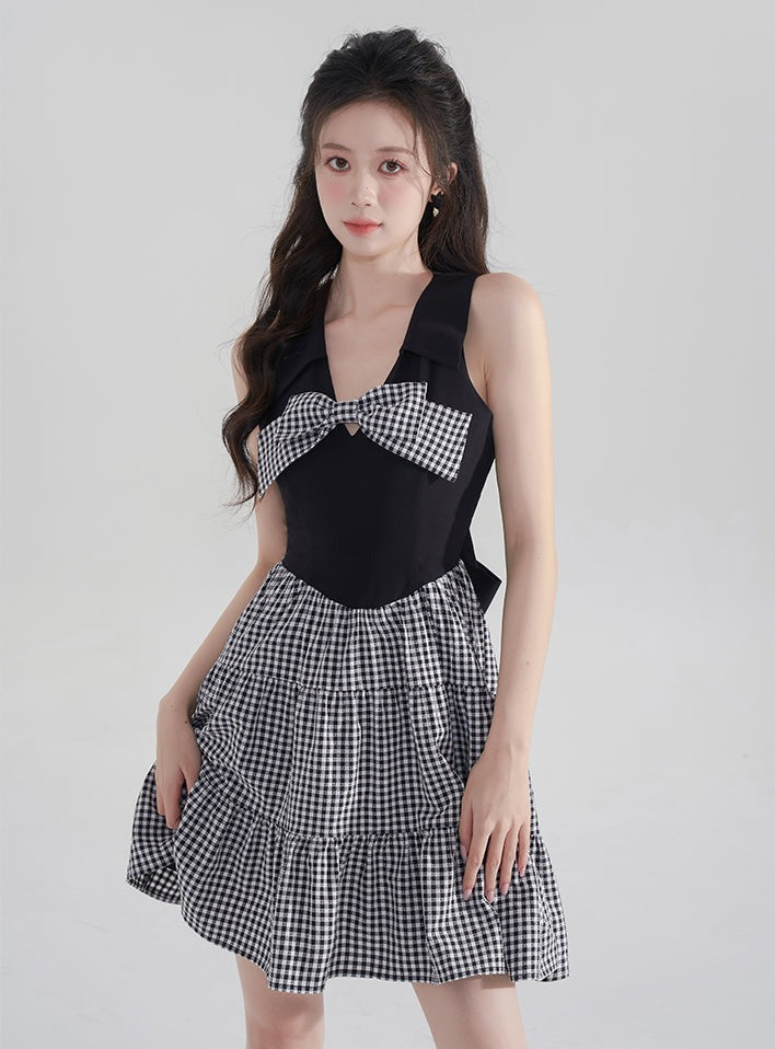 French Retro Check Ribbon One Piece