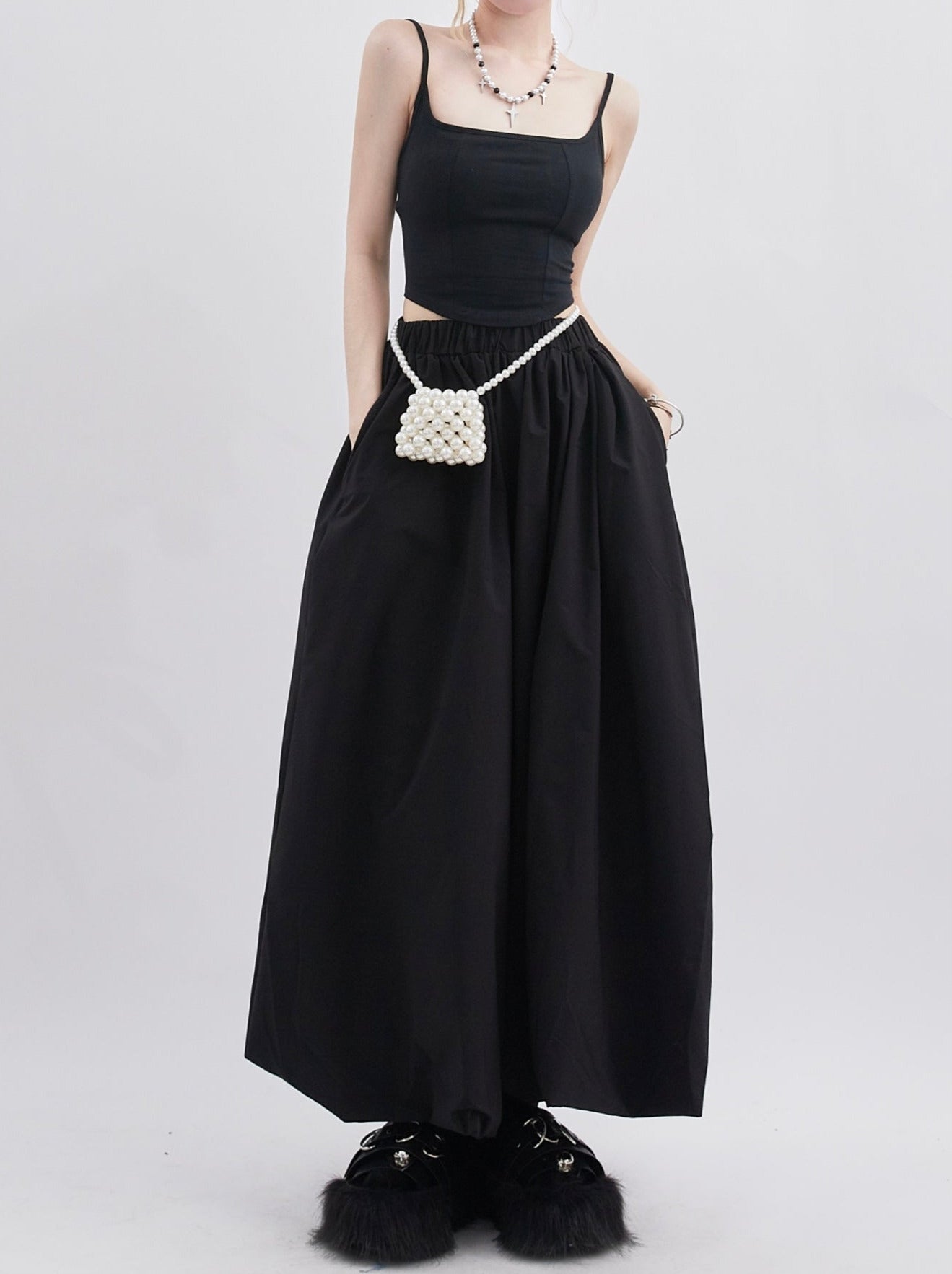 Camisole Volume Bub Skirt Black Faux 两件套