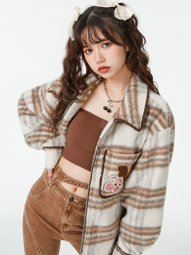 Brown Check Retro College Style Jacket