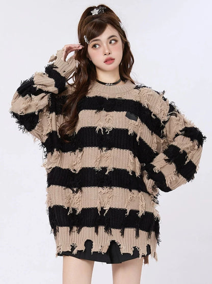 American Retro Tassel Stripe Loose Knit