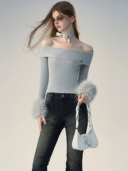 Tightly ribbed off-the-shoulder fur top