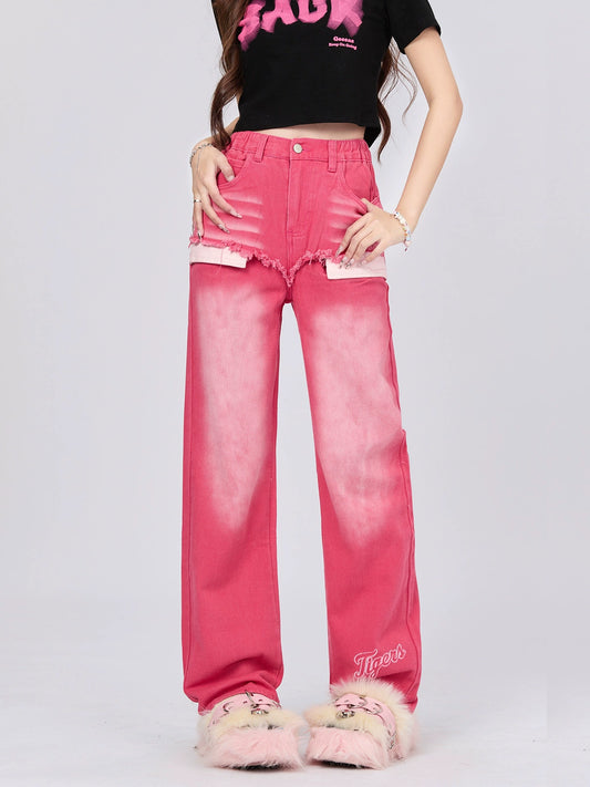 Retro wash niche design loose straight denim