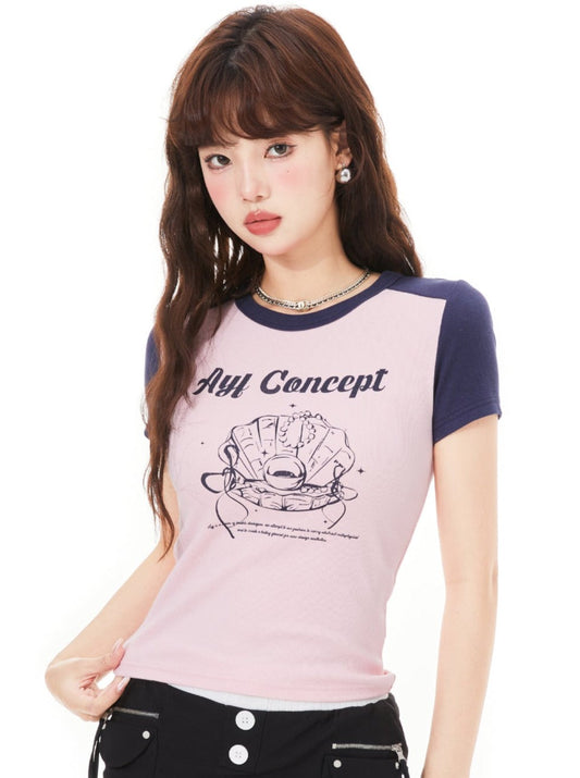 Line Art Ribbon Shell Raglan Sleeve Top