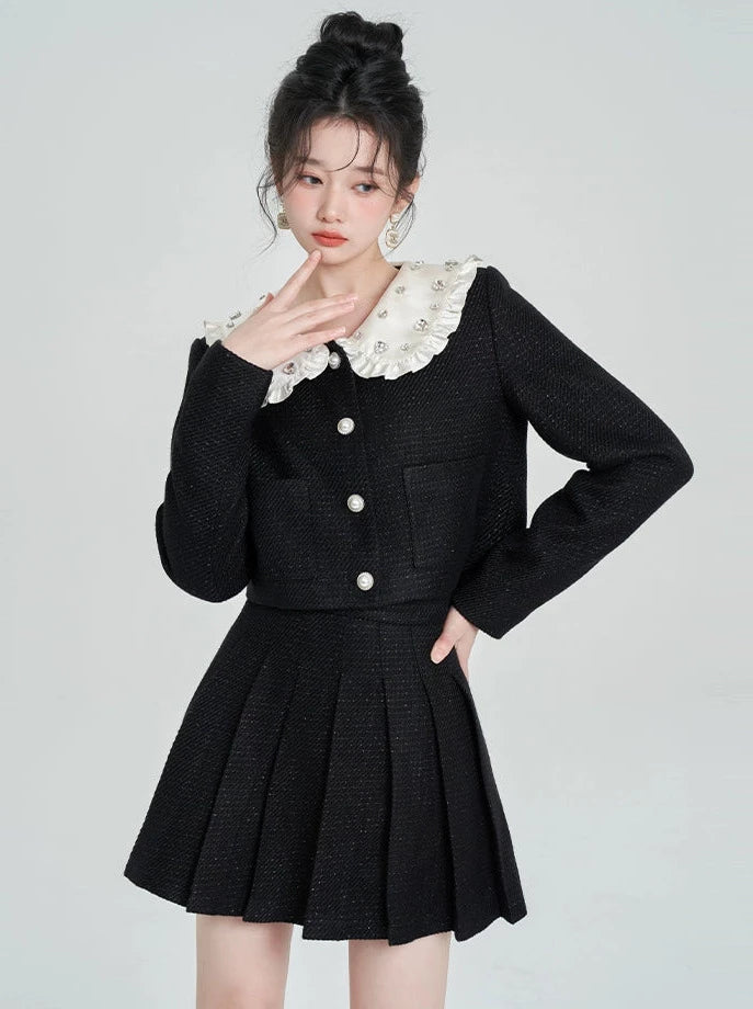 Diamond Fragrance Style Black Short Jacket + Pleated Skirt