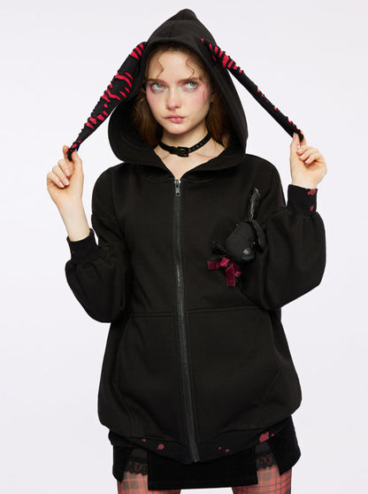 Dark Black Rabbit Hoody Zip Jacket