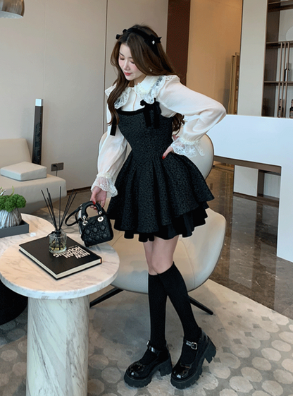 French doll collar lace elegant shirt + skirt