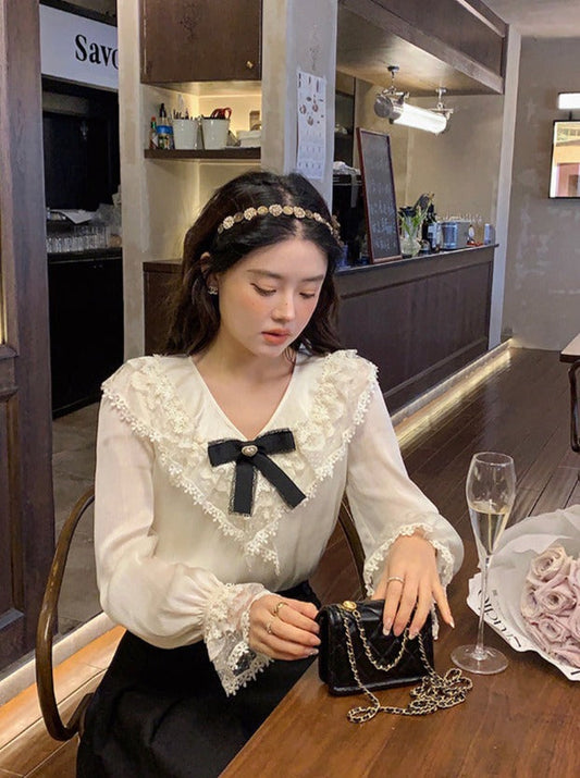 レースカラーVネックシアーブラウス