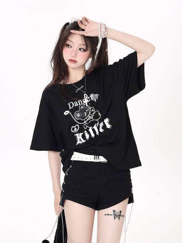 Original print drop shoulder T-shirt [Bear Heart Logo Rabbit]