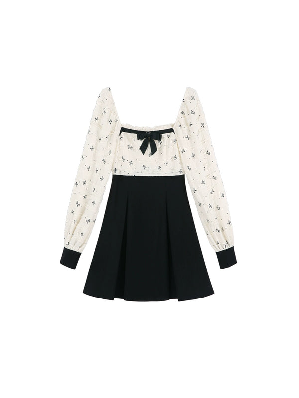 スクエアネックリボンモノクロワンピース