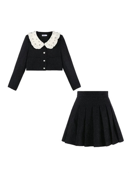 Diamond Fragrance Style Black Short Jacket + Pleated Skirt