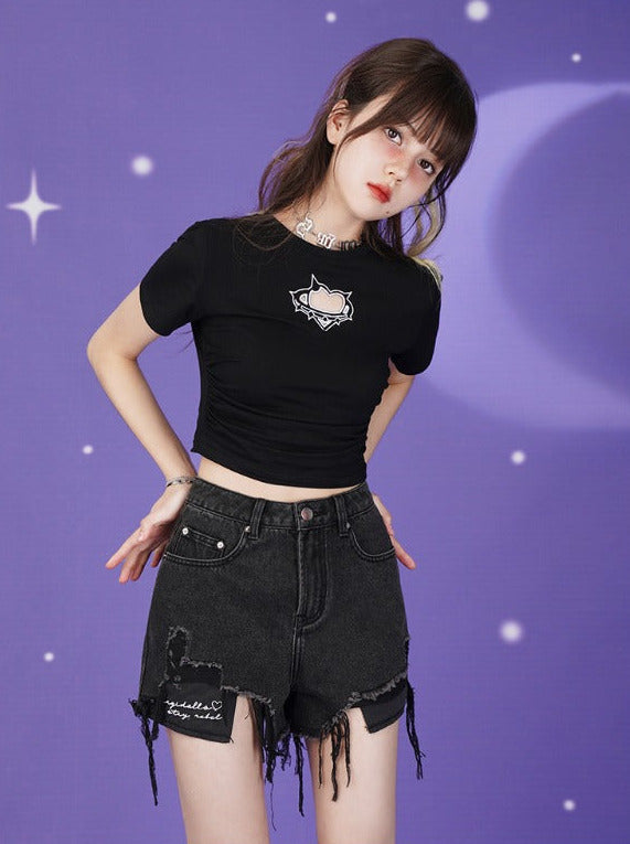 Letter Logo Heart Crush Black Denim Shorts