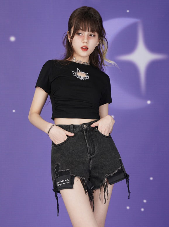 Letter Logo Heart Crush Black Denim Shorts