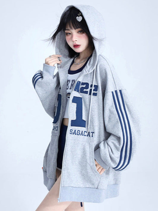 High Street Line Sleeve Oversized Hoodie Zip Jacket